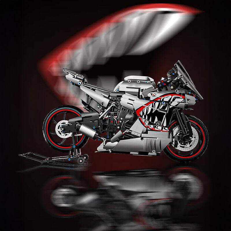 Gunmetal Shark Japanese Sportbike – brick-built display model made from building blocks