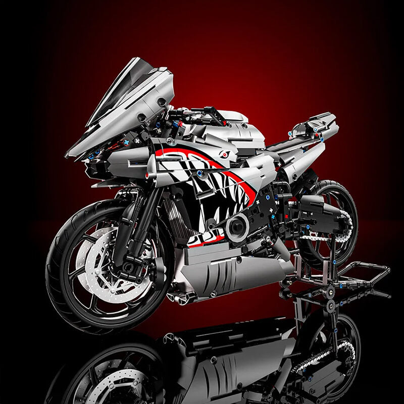 Gunmetal Shark Japanese Sportbike – brick-built display model made from building blocks