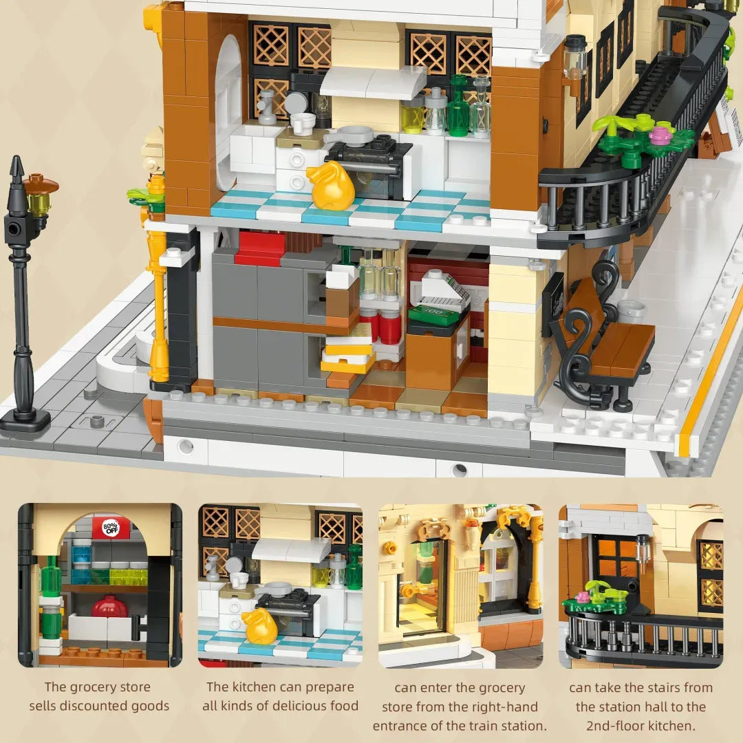 The Vintage Steam Train Station made from building blocks