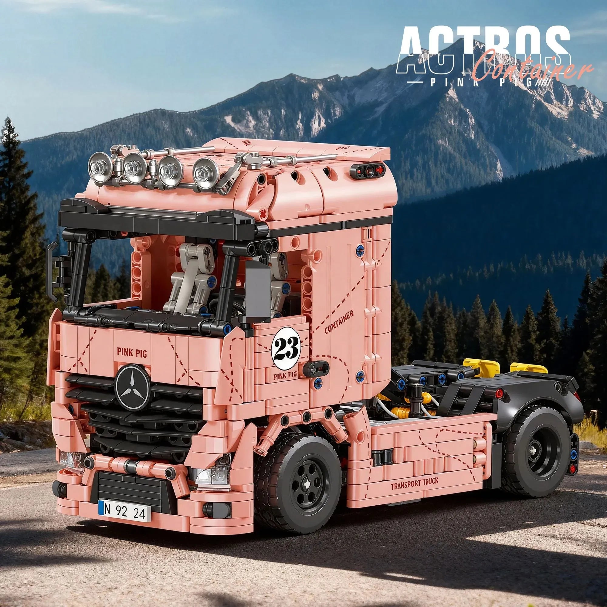 Actros Container Pink Pig building blocks set 1296 pieces – iconic pink racing livery cab-over tractor with full-length container trailer – Power Brickz