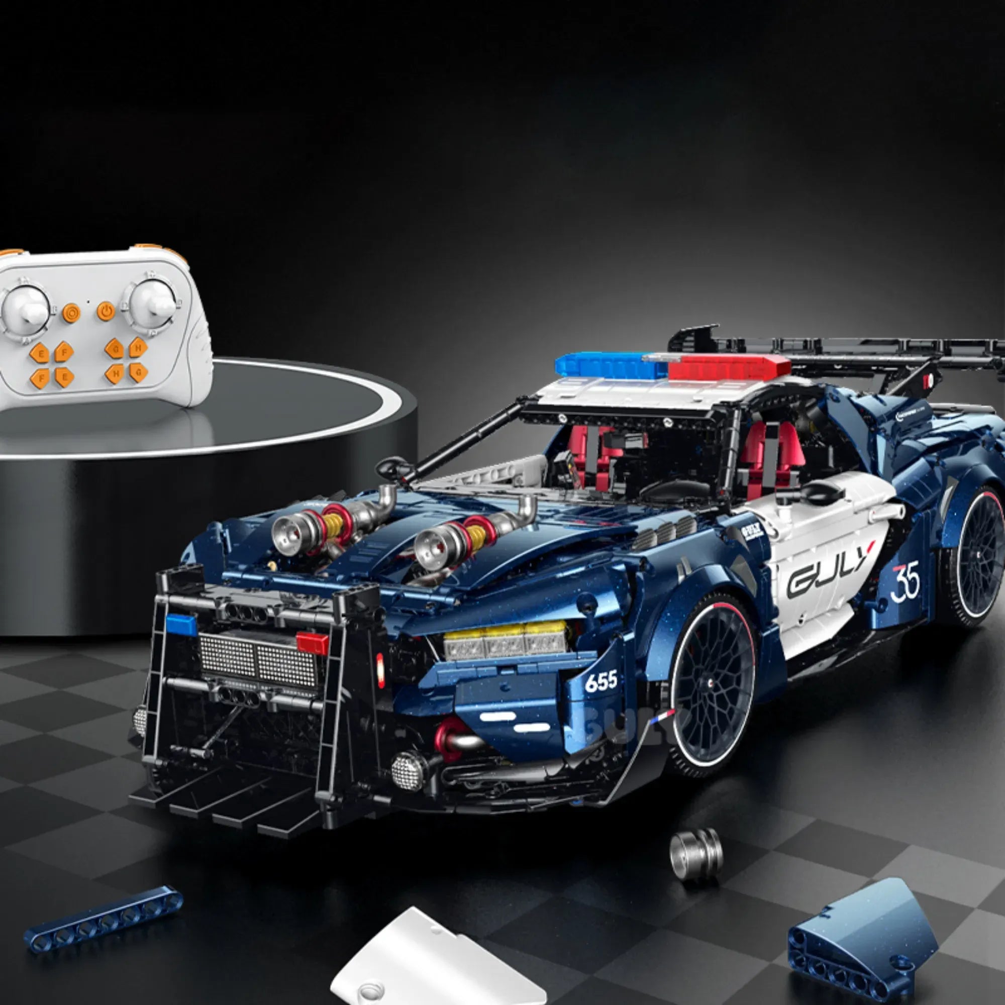 Turbocharged Mustang Police Car building blocks set 3975 pieces – 60 cm 1:8 scale wide-body police interceptor with LED light bar and push bumper – Power Brickz
