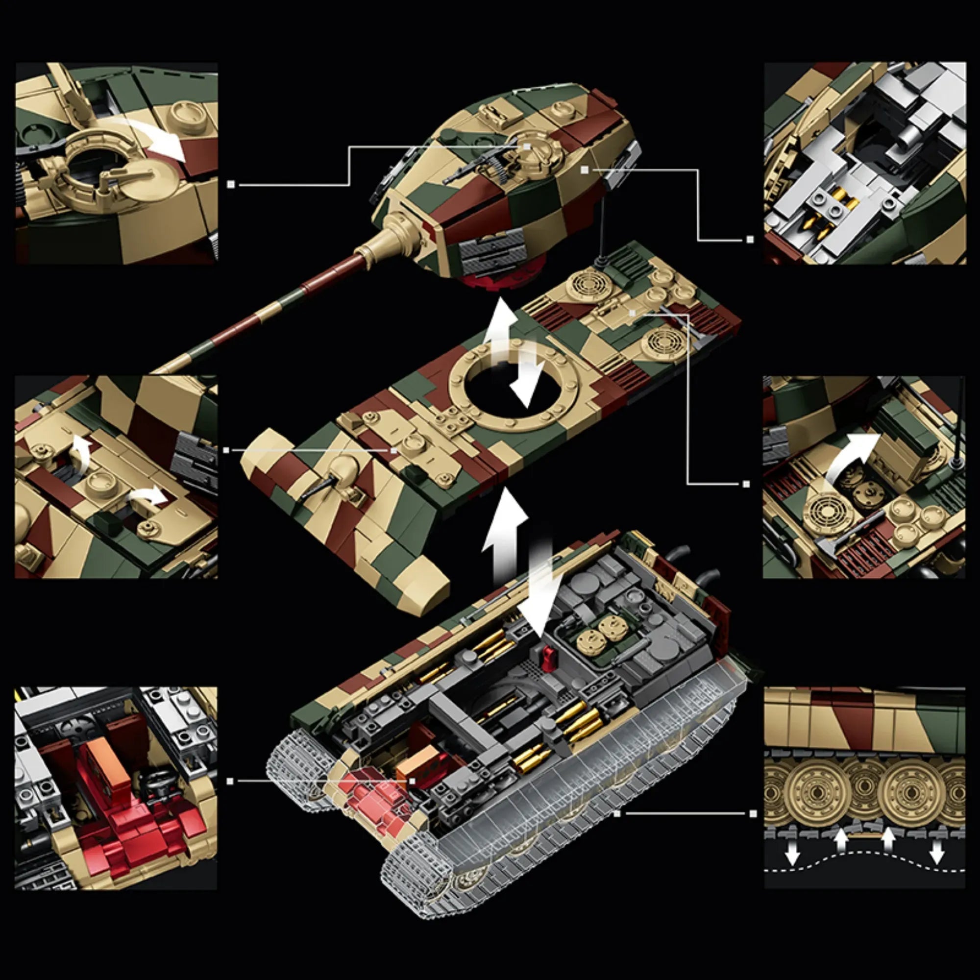 Tiger II King Tiger building blocks set 1780 pieces – 36.6 cm WWII heavy tank with three-tone camouflage, rotating turret and individual track links – Power Brickz