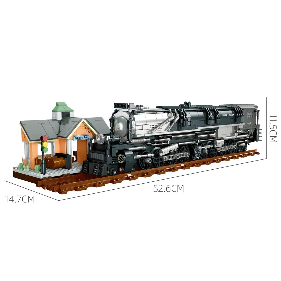 Union Pacific Big Boy 4012 steam train building blocks set 1277 pieces – 52.6 cm brick-built locomotive with Waiting Hall station diorama on track base – Power Brickz