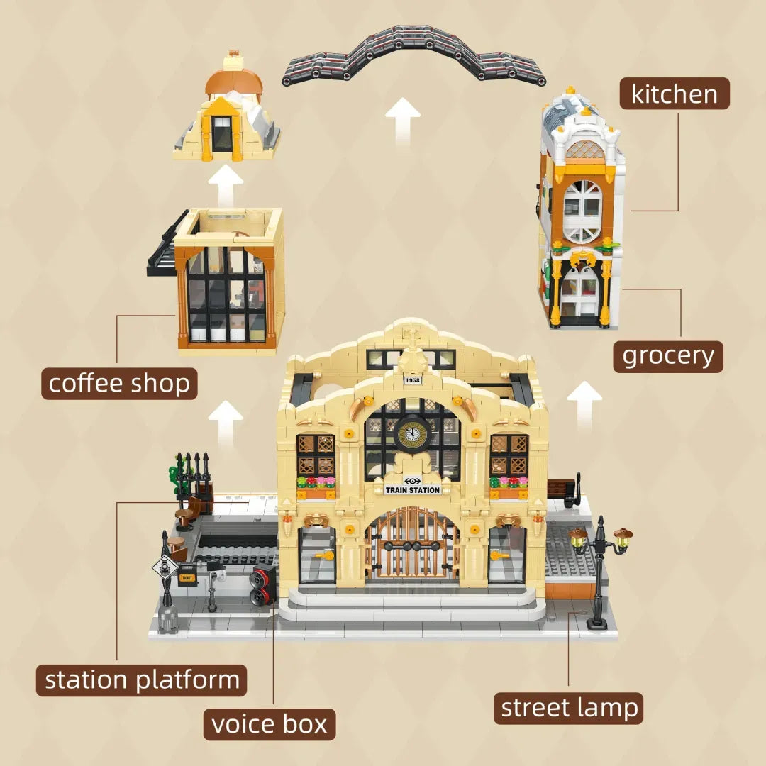 The Vintage Steam Train Station made from building blocks