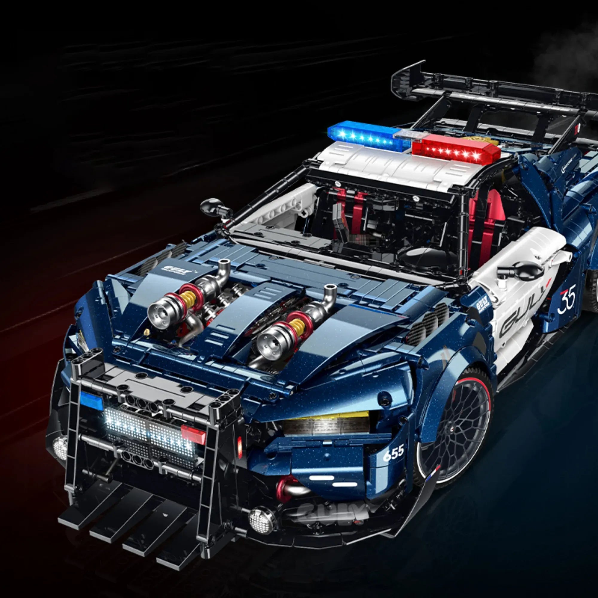 Turbocharged Mustang Police Car building blocks set 3975 pieces – 60 cm 1:8 scale wide-body police interceptor with LED light bar and push bumper – Power Brickz