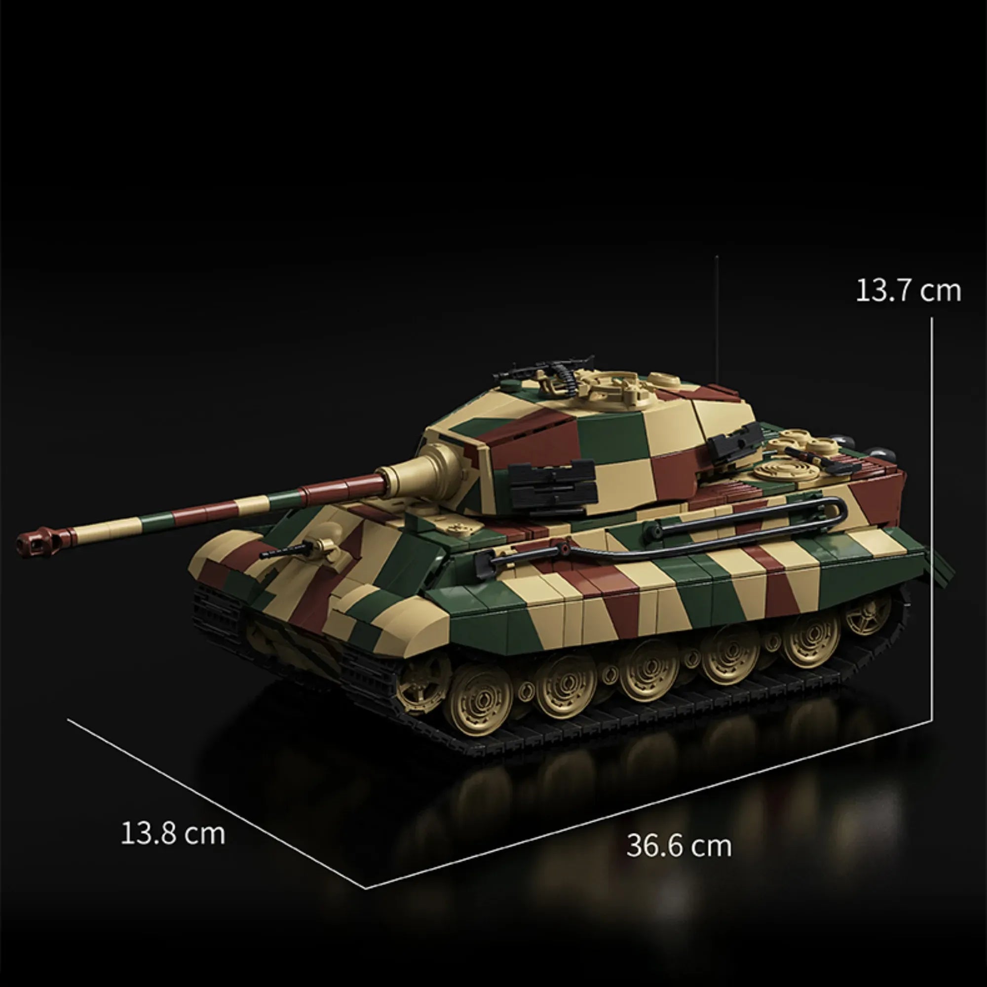 Tiger II King Tiger building blocks set 1780 pieces – 36.6 cm WWII heavy tank with three-tone camouflage, rotating turret and individual track links – Power Brickz