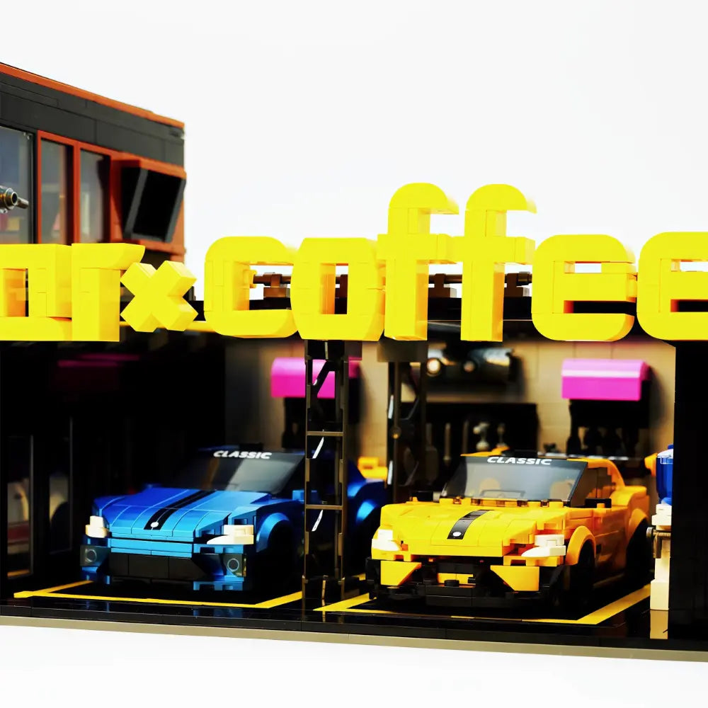 The Coffee Car Repair Club brick-built display model made from building blocks