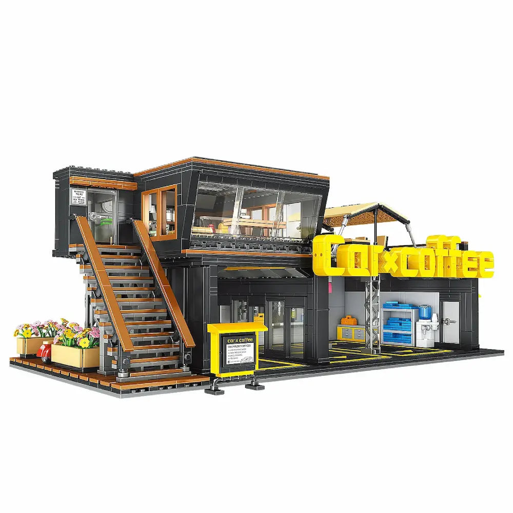 The Coffee Car Repair Club brick-built display model made from building blocks