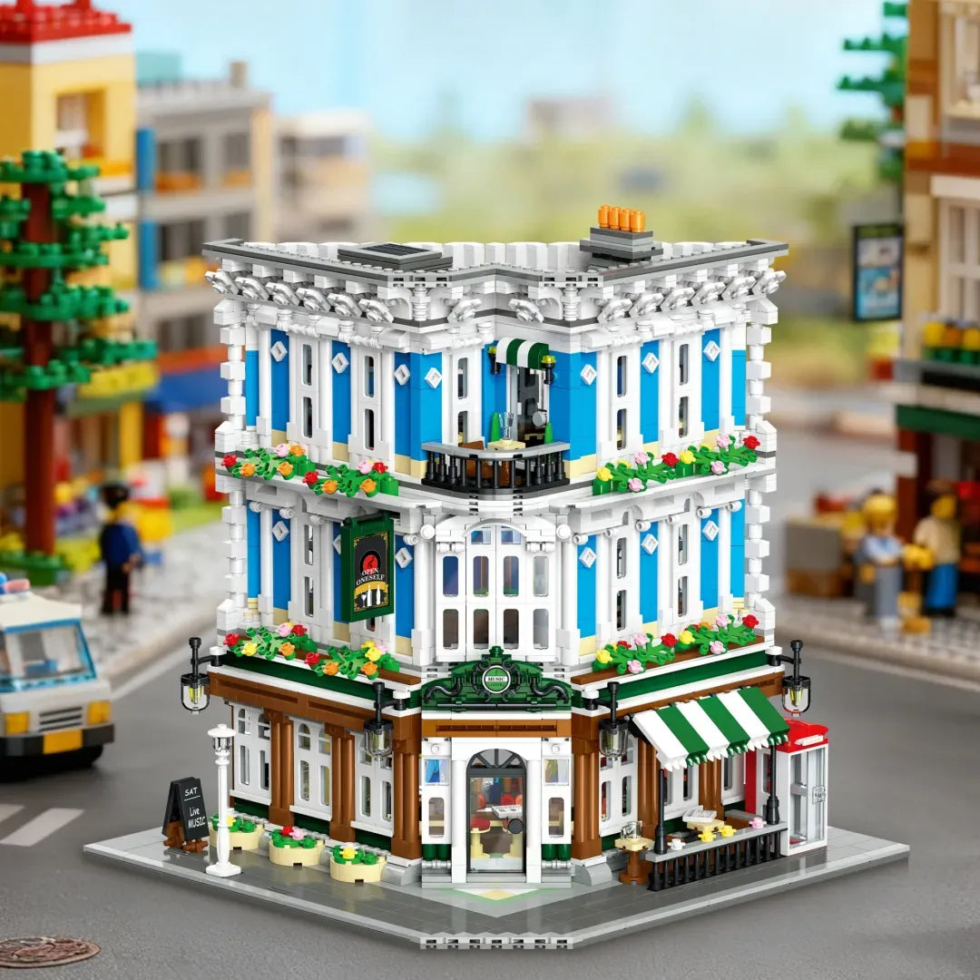 Music Club brick building dimensions 31.9 x 31.9 x 35.7 cm – 4-storey modular corner build – Power Brickz