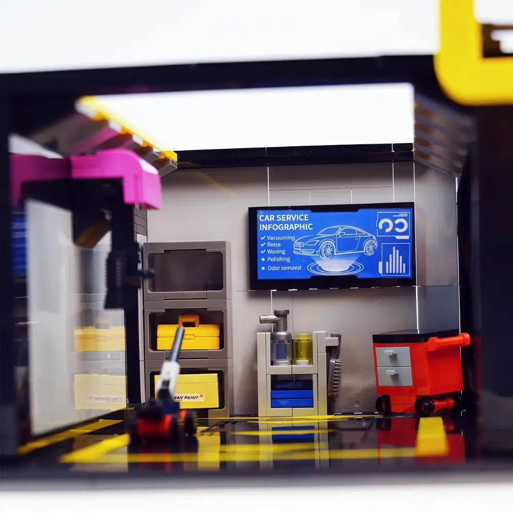 The Coffee Car Repair Club brick-built display model made from building blocks