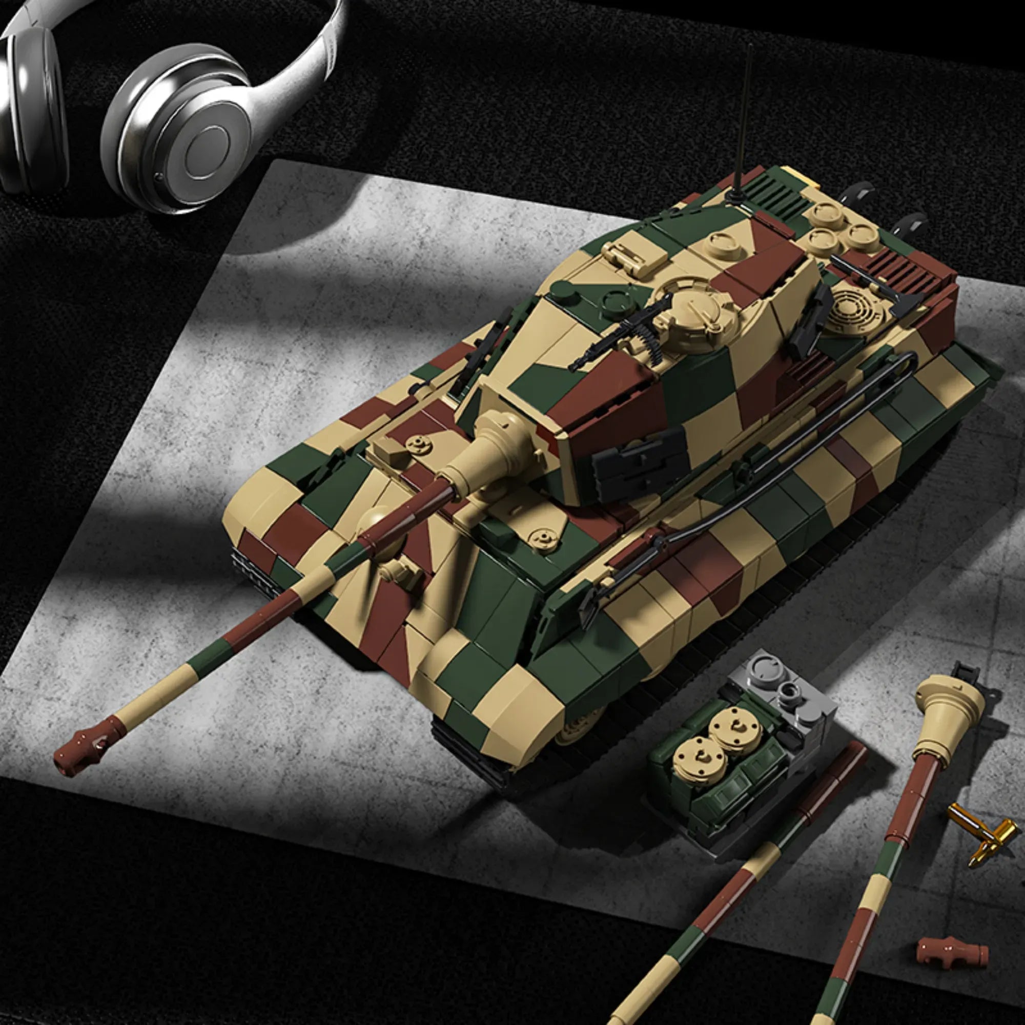 Tiger II King Tiger building blocks set 1780 pieces – 36.6 cm WWII heavy tank with three-tone camouflage, rotating turret and individual track links – Power Brickz