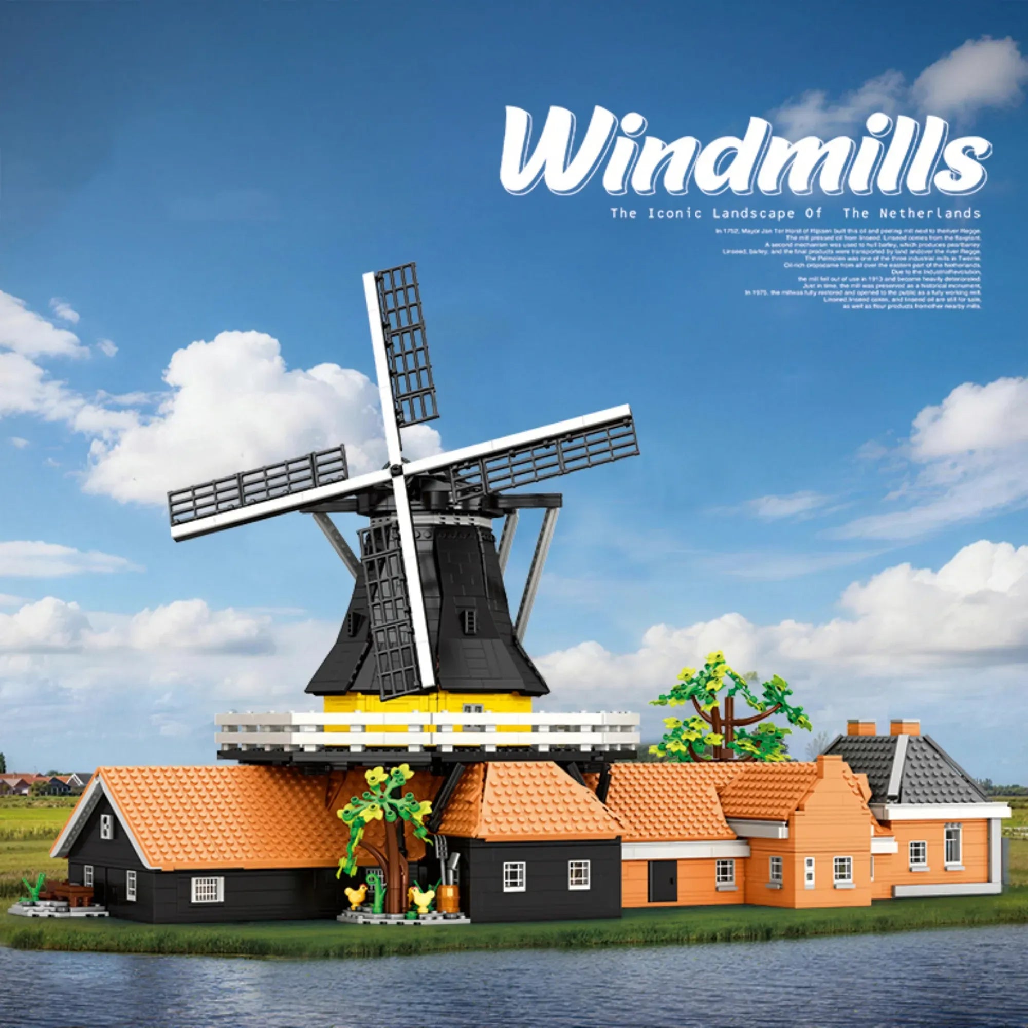 Dutch Windmill building blocks set 4801 pieces – 72.7 cm estate with rotating four-sail mill, baking kitchen barn and riverside cottage – Power Brickz