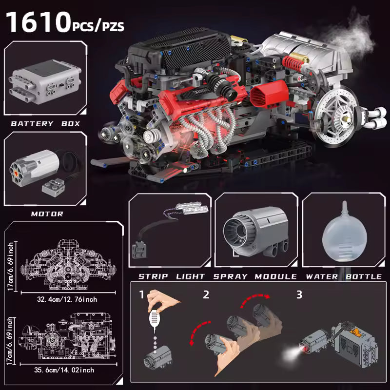 Motorized Italian V12 Powertrain made from Building Blocks Kit