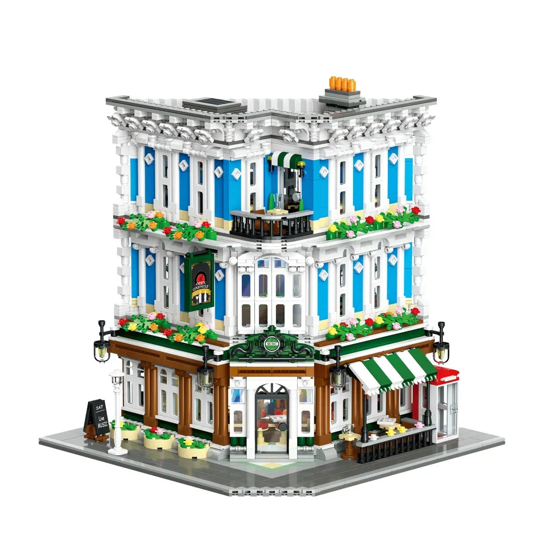 Music Club corner building blocks set 2897 pieces – Haussmann-style façade with blue panels and flower balconies – Power Brickz 1:50 scale