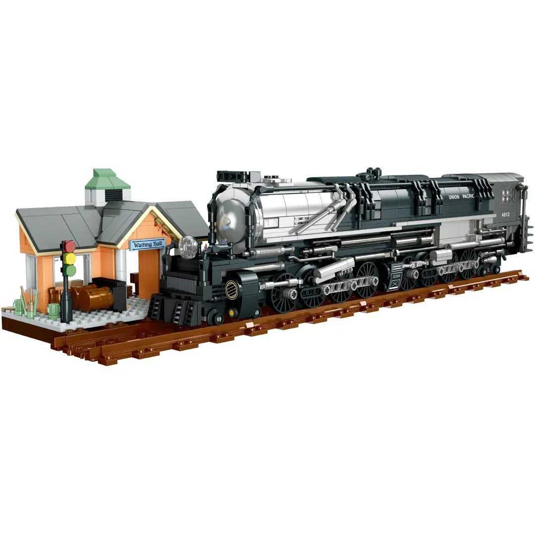 Union Pacific Big Boy 4012 steam train building blocks set 1277 pieces – 52.6 cm brick-built locomotive with Waiting Hall station diorama on track base – Power Brickz