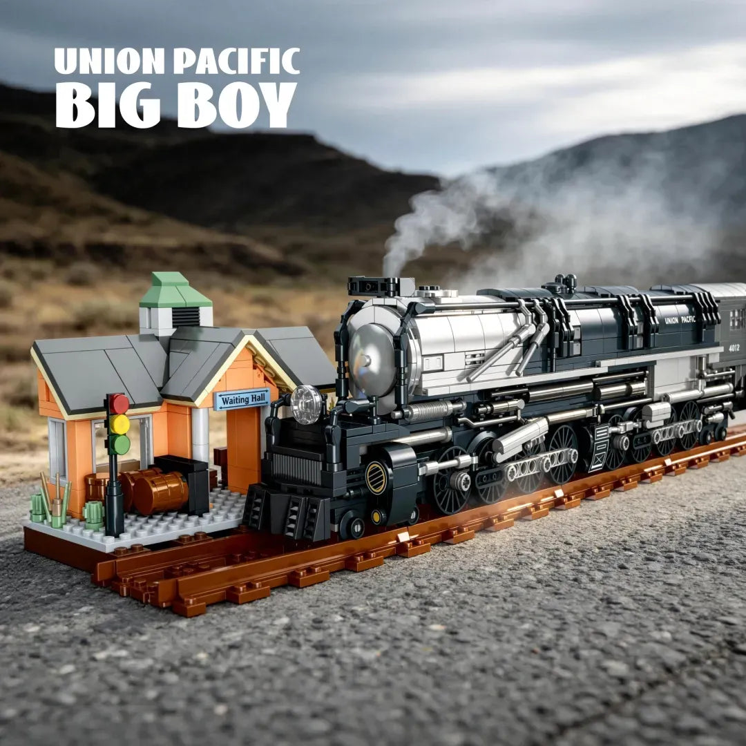 Union Pacific Big Boy 4012 steam train building blocks set 1277 pieces – 52.6 cm brick-built locomotive with Waiting Hall station diorama on track base – Power Brickz