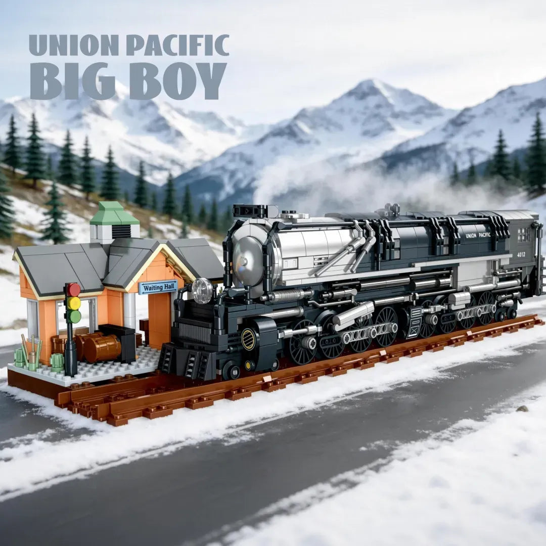 Union Pacific Big Boy 4012 steam train building blocks set 1277 pieces – 52.6 cm brick-built locomotive with Waiting Hall station diorama on track base – Power Brickz