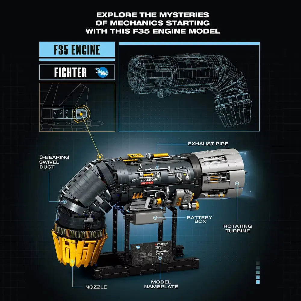 Motorised F35 Turbine Engine – brick-built display model made from building blocks
