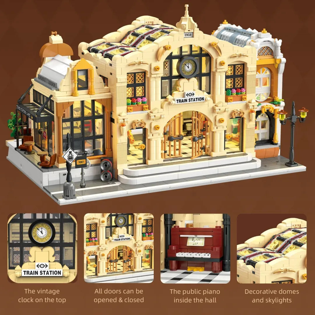 The Vintage Steam Train Station made from building blocks