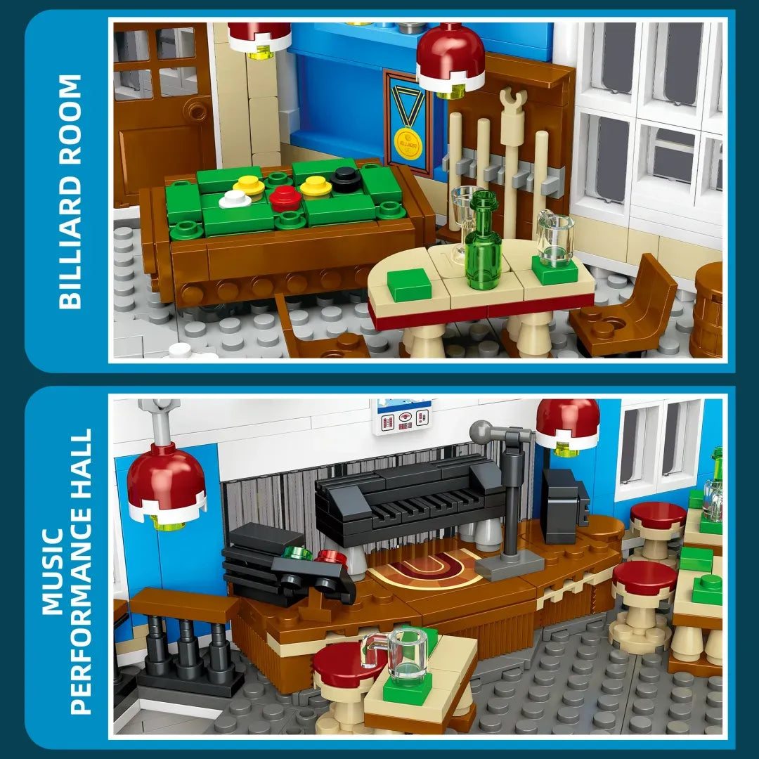 Music Club building blocks interior – billiard room with green baize table and music performance hall with grand piano – Power Brickz