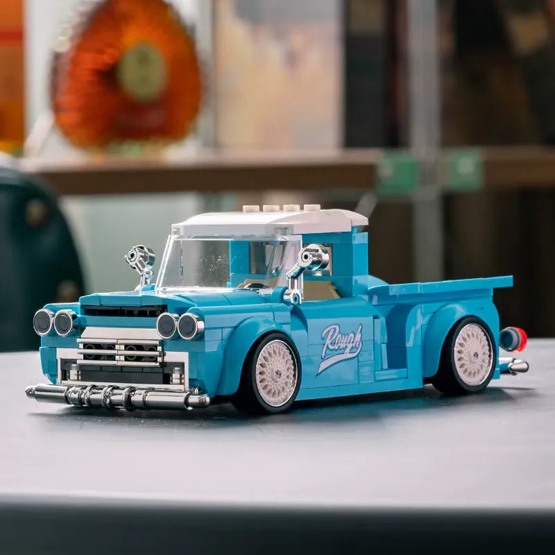 Steel Blue Pickup – brick-built display model made from building blocks