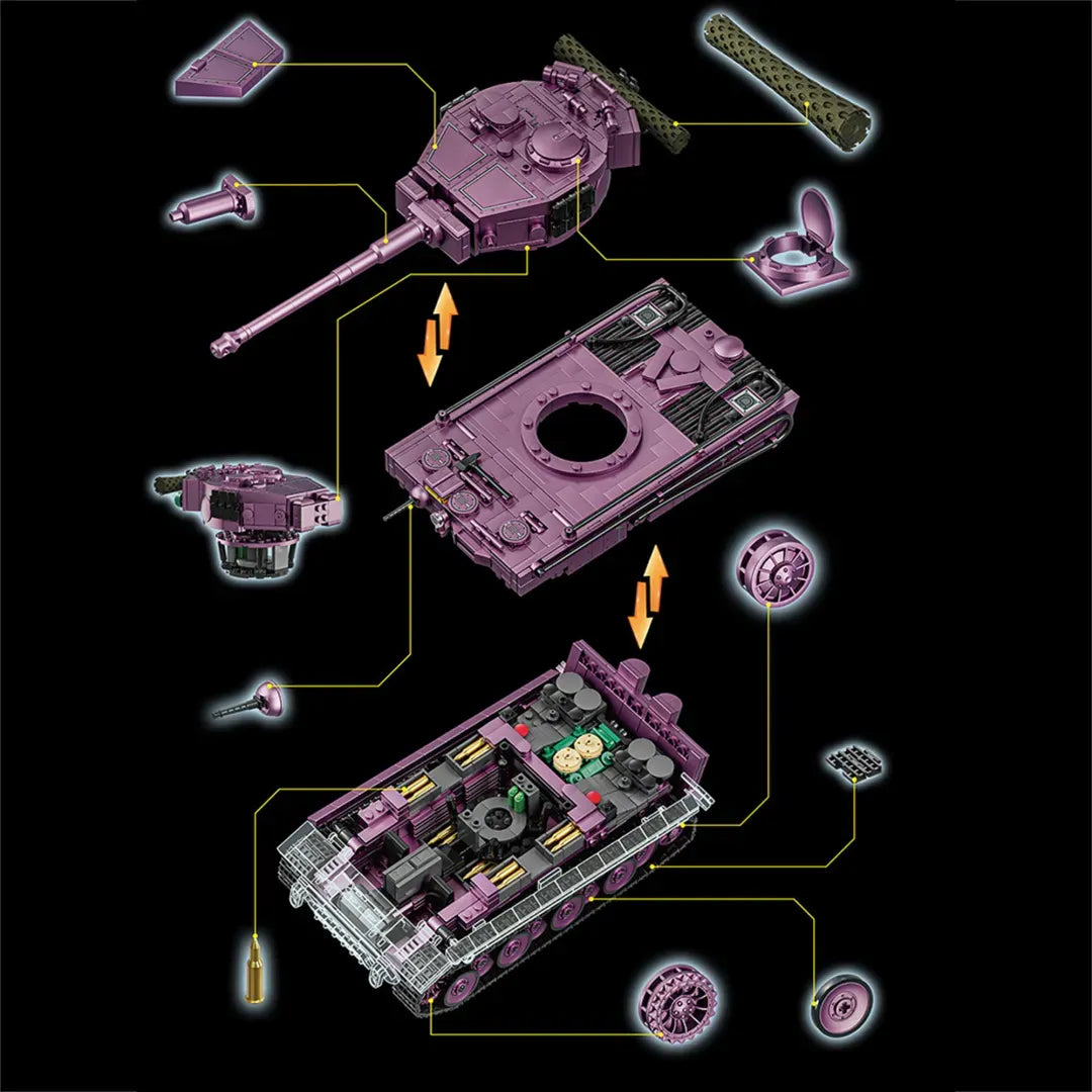 iger Heavy Tank building blocks set dimensions 32.5 x 13.5 x 12 cm – 1668-piece brick-built Tiger I model in deep mauve – Power Brickz