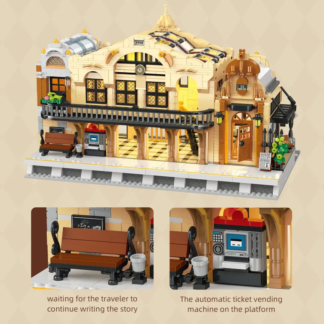 The Vintage Steam Train Station made from building blocks