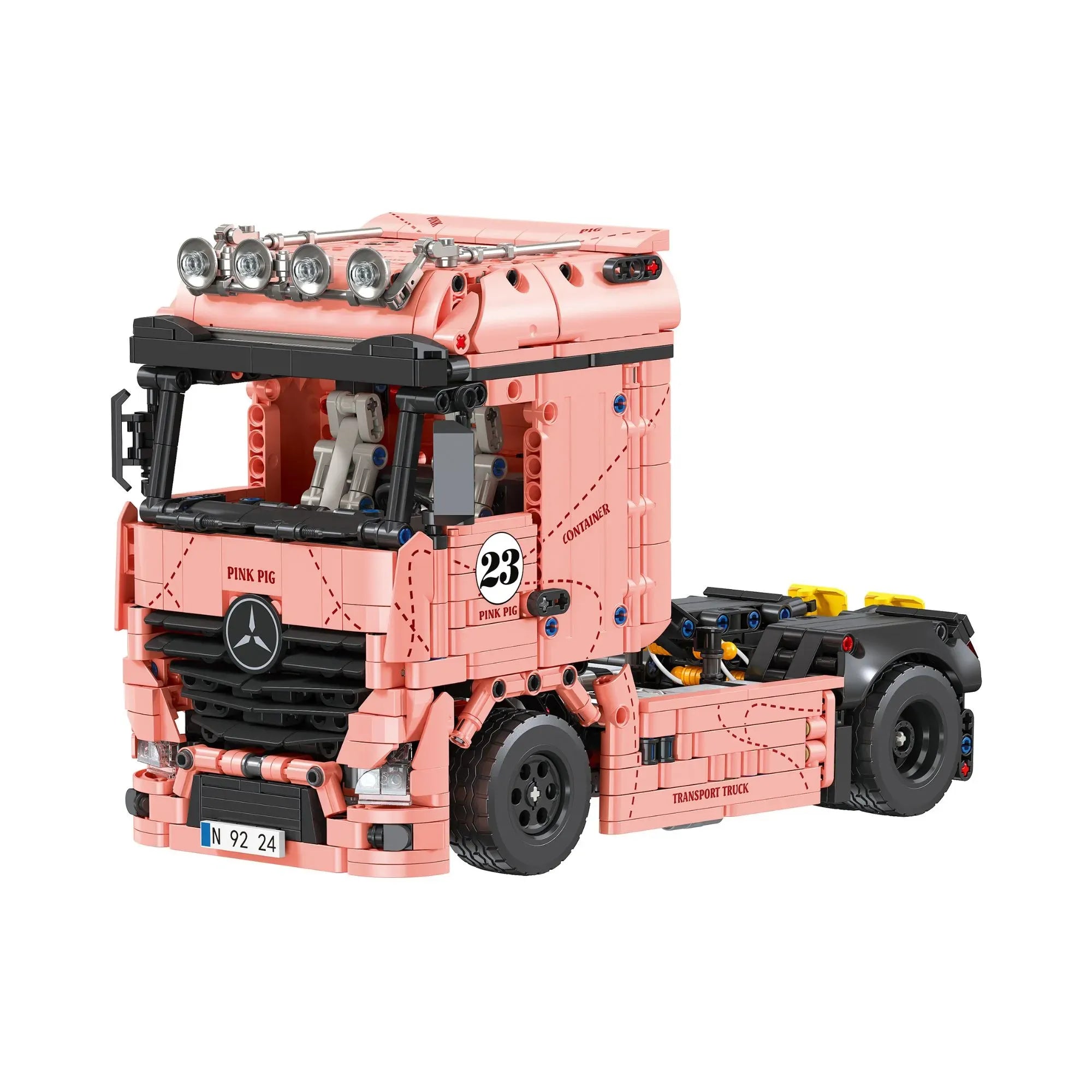 Actros Container Pink Pig building blocks set 1296 pieces – iconic pink racing livery cab-over tractor with full-length container trailer – Power Brickz