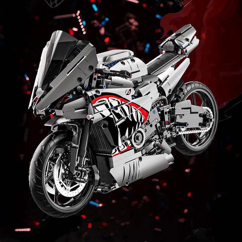 Gunmetal Shark Japanese Sportbike – brick-built display model made from building blocks