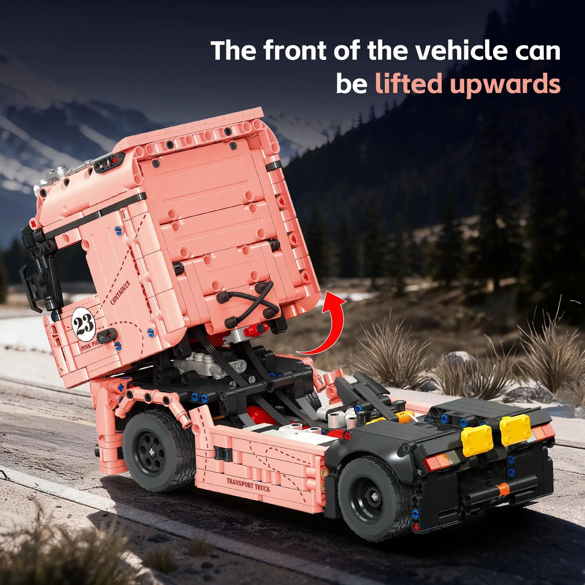 Actros Container Pink Pig building blocks set 1296 pieces – iconic pink racing livery cab-over tractor with full-length container trailer – Power Brickz