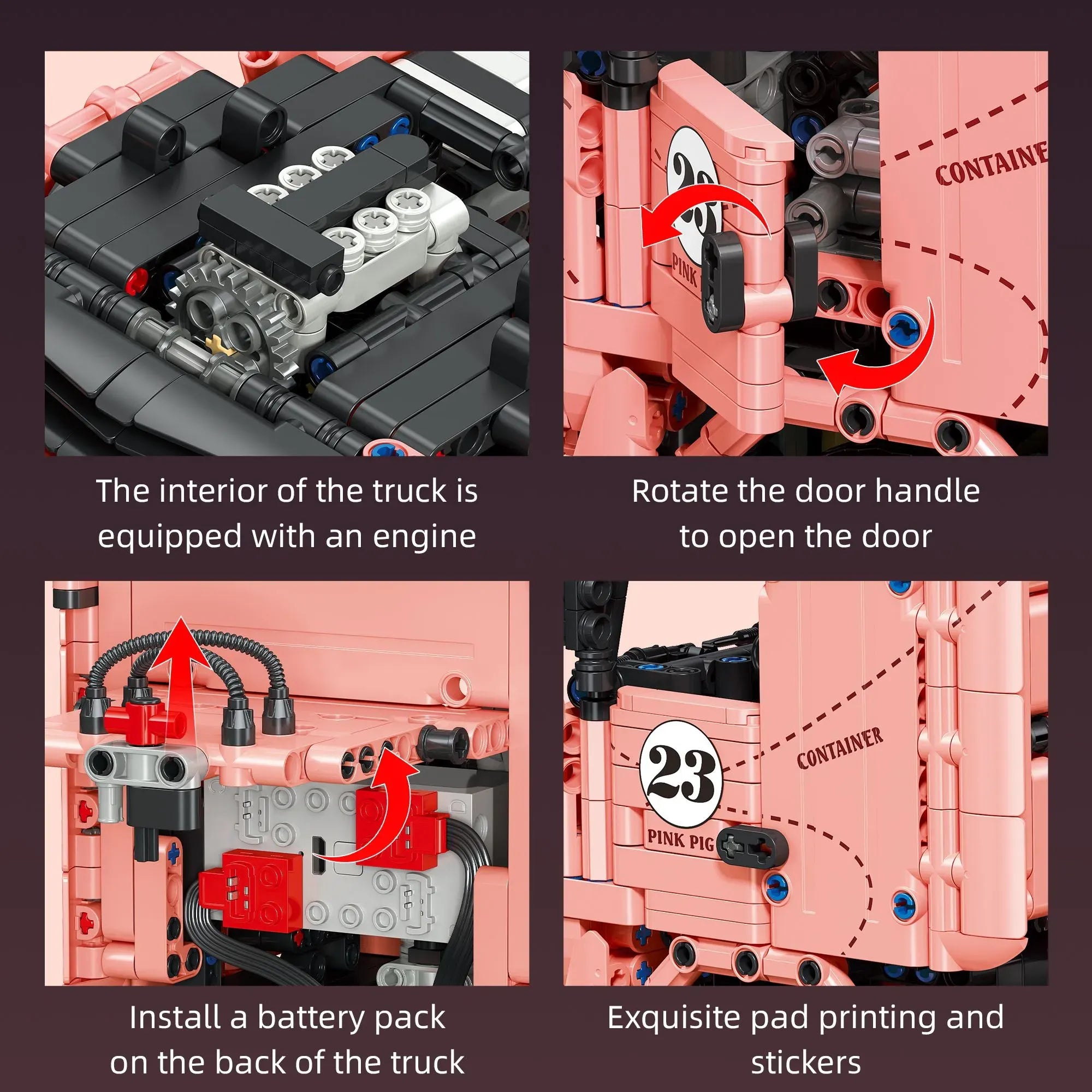 Actros Container Pink Pig building blocks set 1296 pieces – iconic pink racing livery cab-over tractor with full-length container trailer – Power Brickz