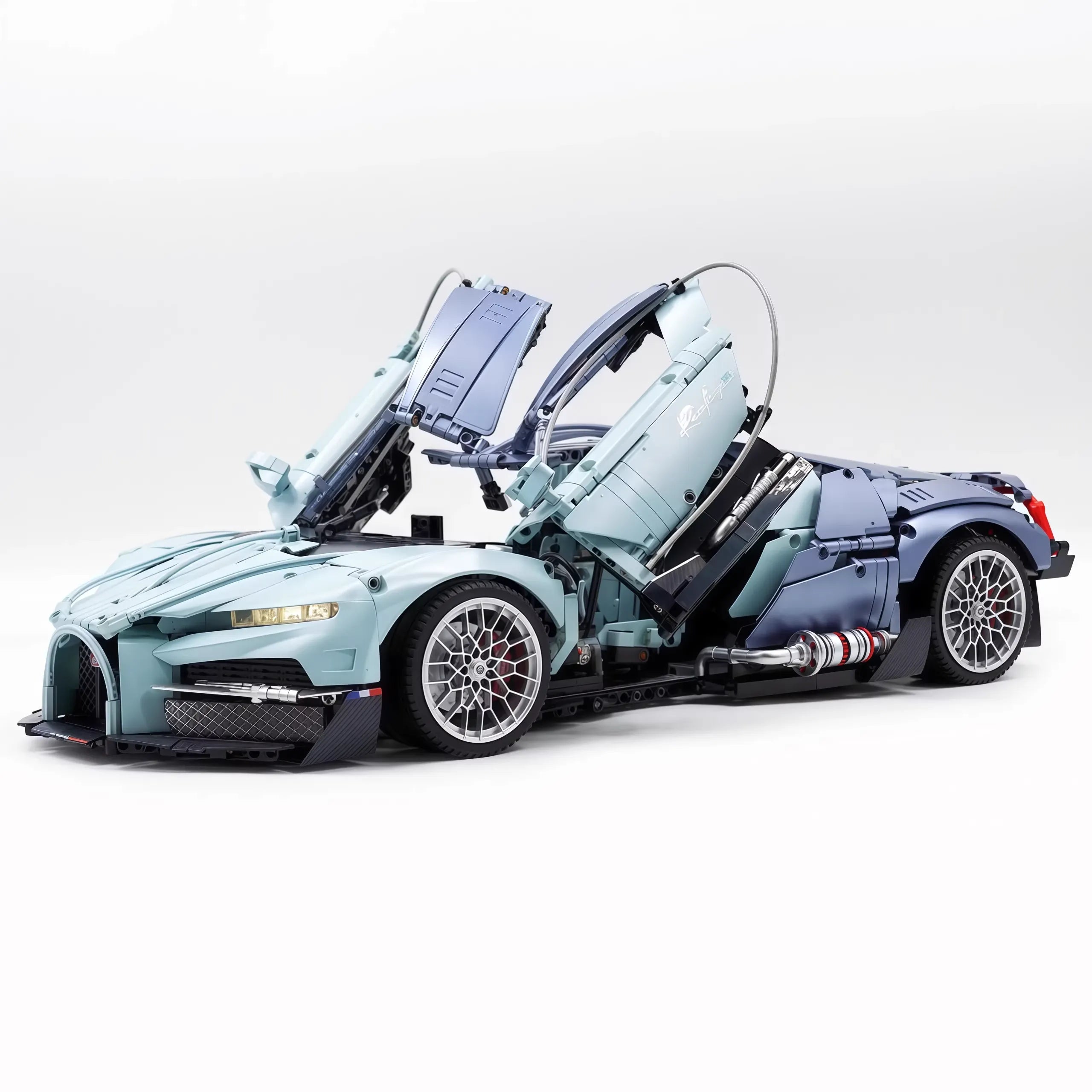 W16 Tourbillon hypercar building blocks kit front three-quarter view with scissor doors open — 3719 piece car building blocks | Power Brickz