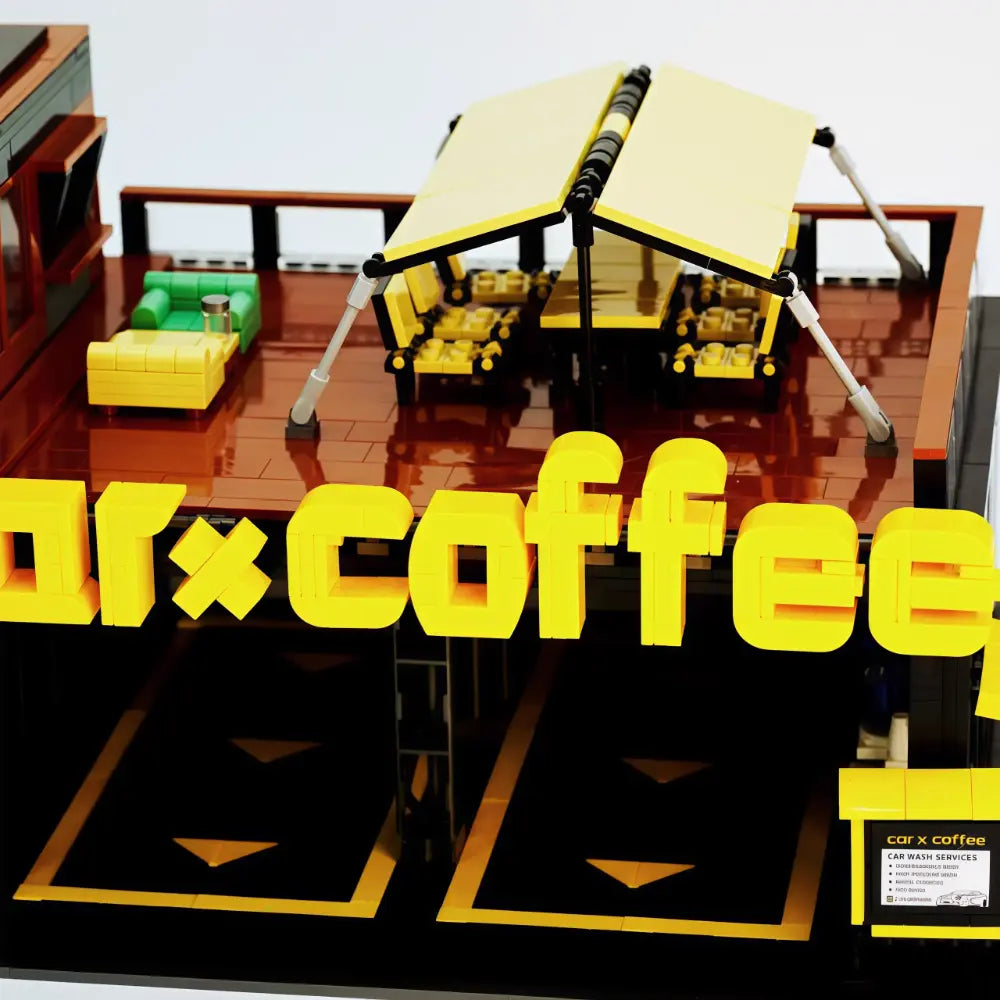 The Coffee Car Repair Club brick-built display model made from building blocks