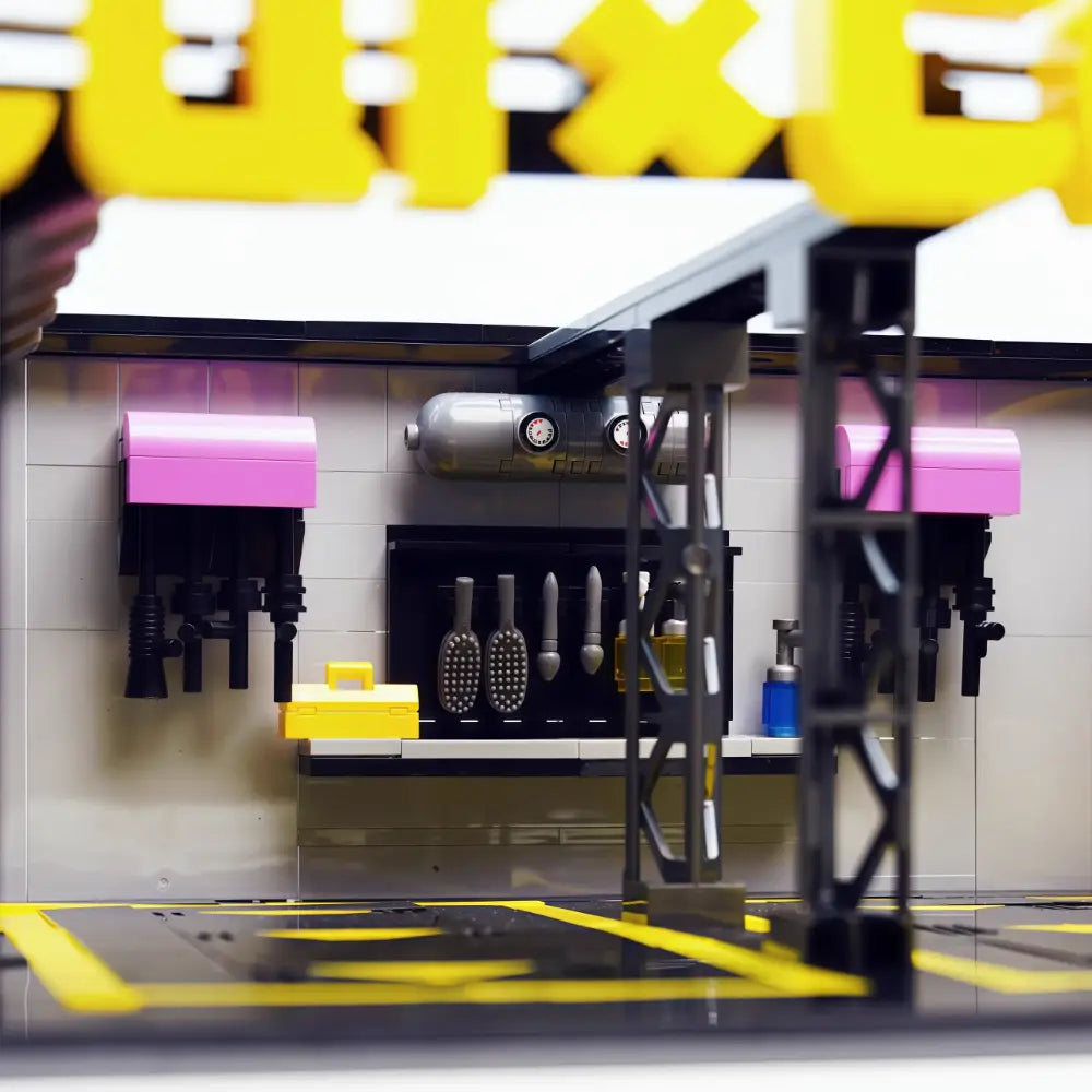 The Coffee Car Repair Club brick-built display model made from building blocks