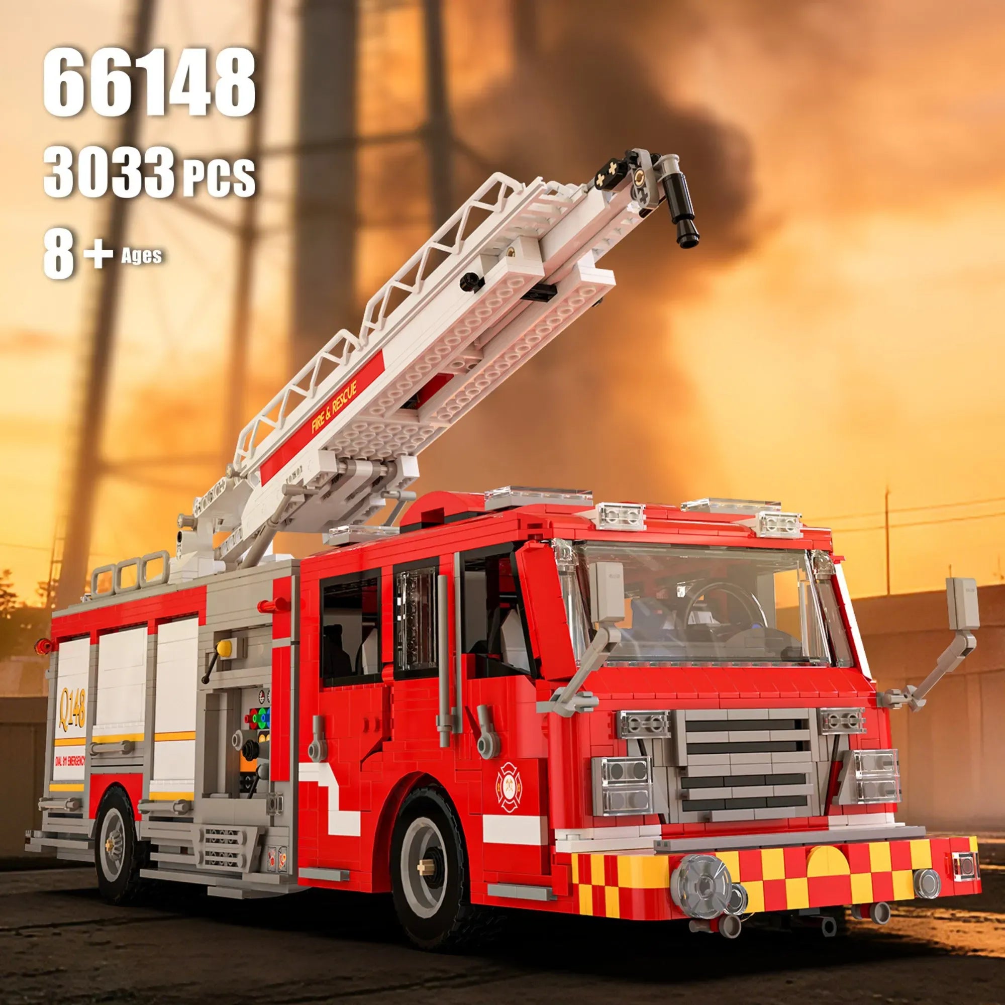 US Firetruck Elevated Water Towers building blocks set 3033 pieces – 52.2 cm American pumper truck Q148 with aerial ladder and opening compartments – Power Brickz