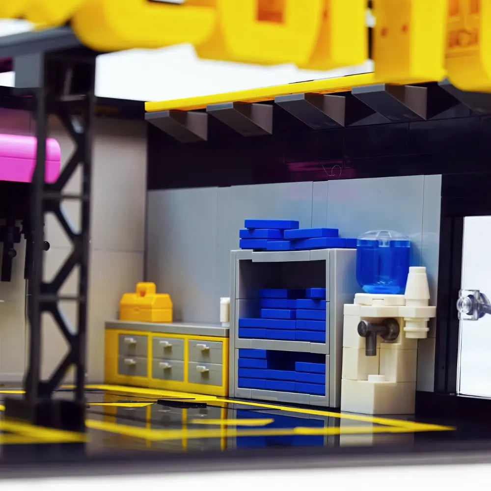 The Coffee Car Repair Club brick-built display model made from building blocks