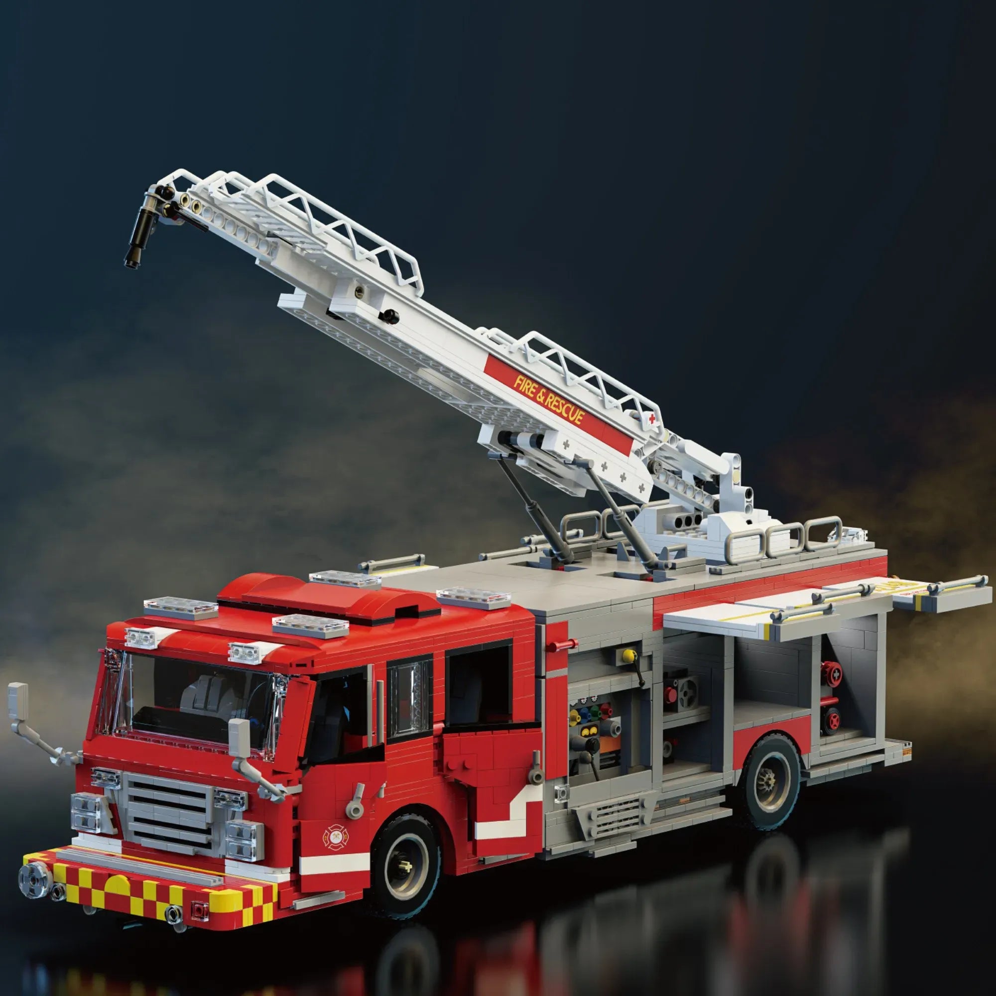 US Firetruck Elevated Water Towers building blocks set 3033 pieces – 52.2 cm American pumper truck Q148 with aerial ladder and opening compartments – Power Brickz