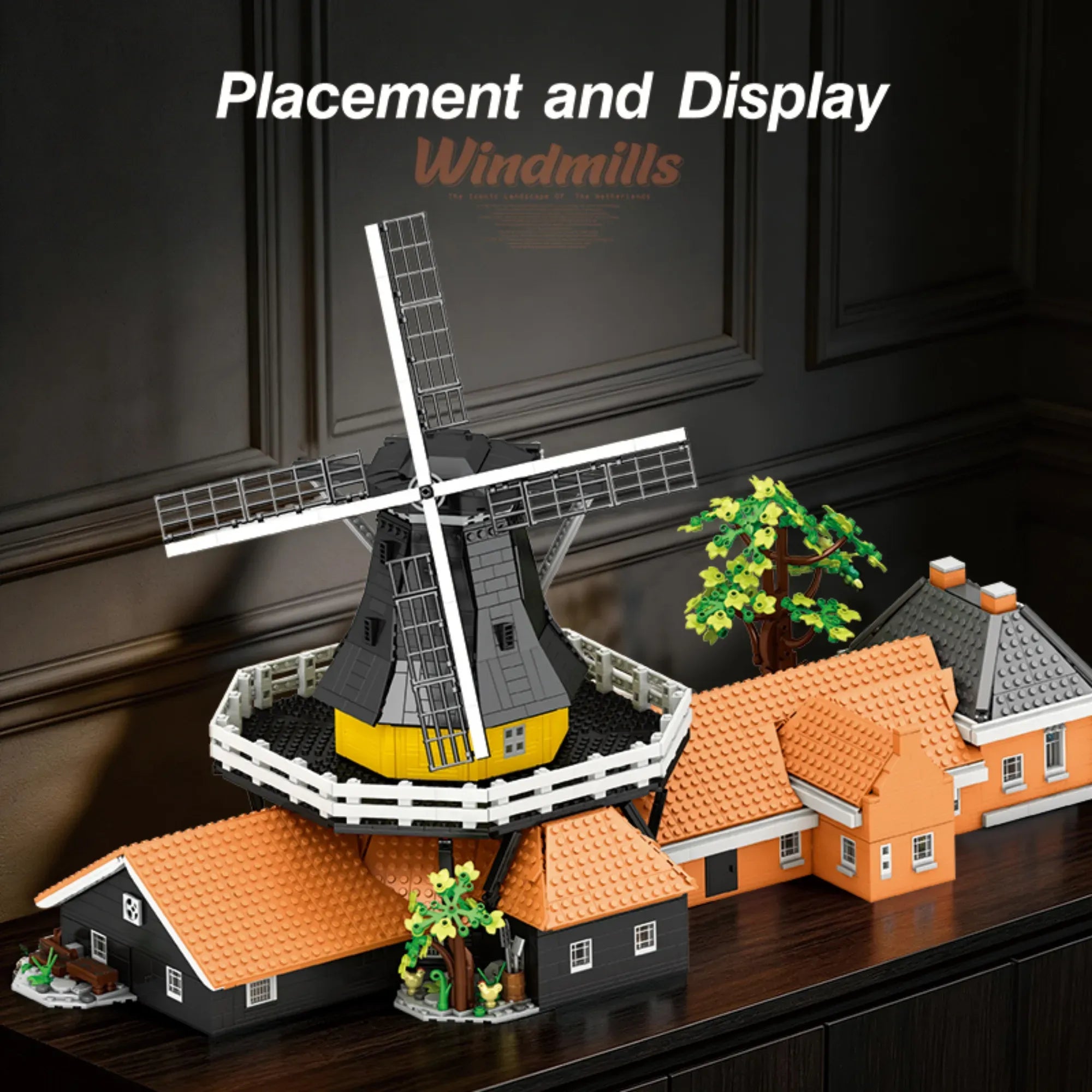 Dutch Windmill building blocks set 4801 pieces – 72.7 cm estate with rotating four-sail mill, baking kitchen barn and riverside cottage – Power Brickz