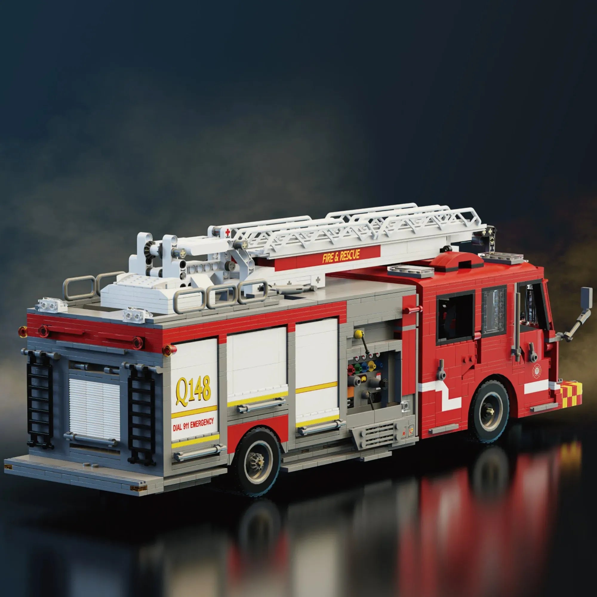 US Firetruck Elevated Water Towers building blocks set 3033 pieces – 52.2 cm American pumper truck Q148 with aerial ladder and opening compartments – Power Brickz