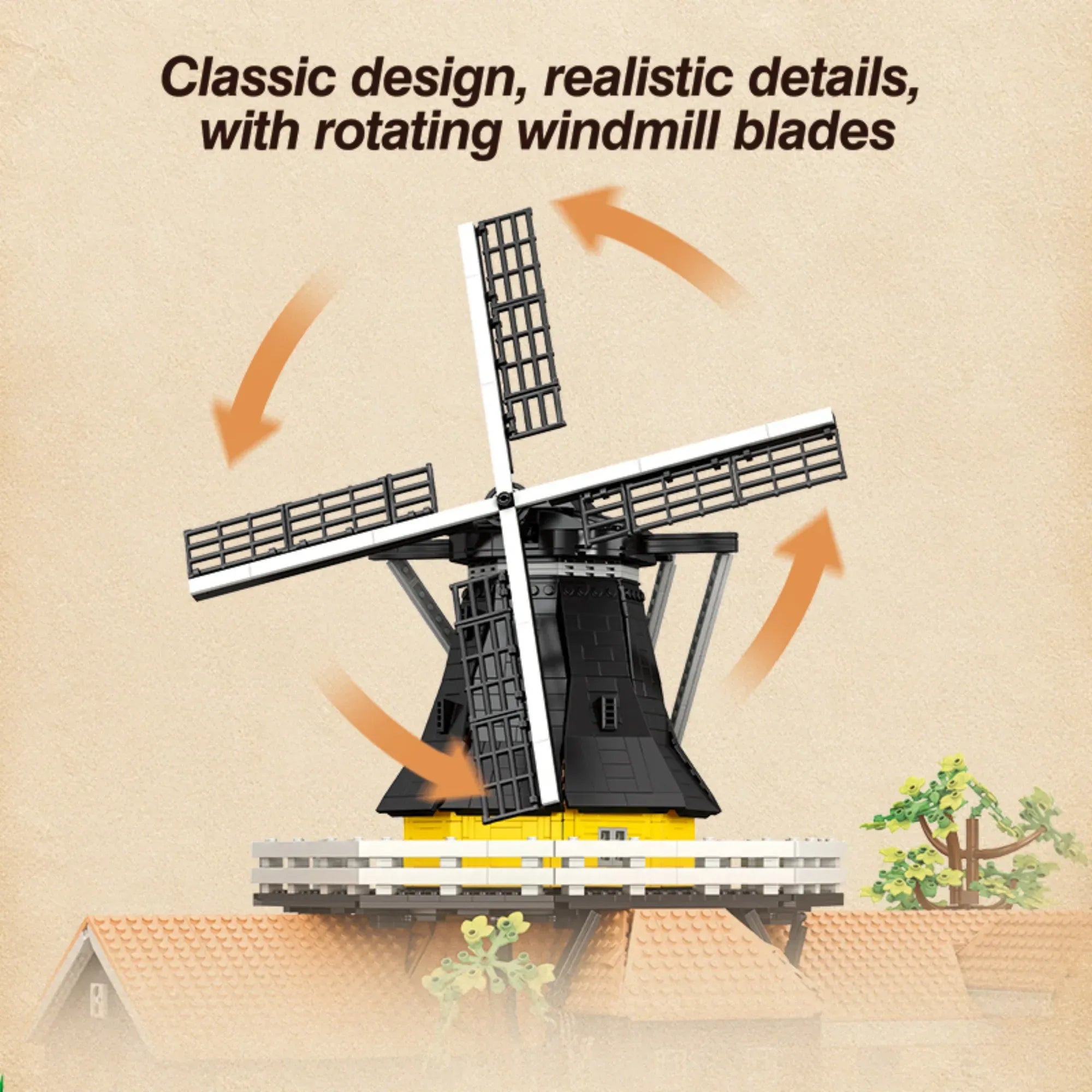 Dutch Windmill building blocks set 4801 pieces – 72.7 cm estate with rotating four-sail mill, baking kitchen barn and riverside cottage – Power Brickz
