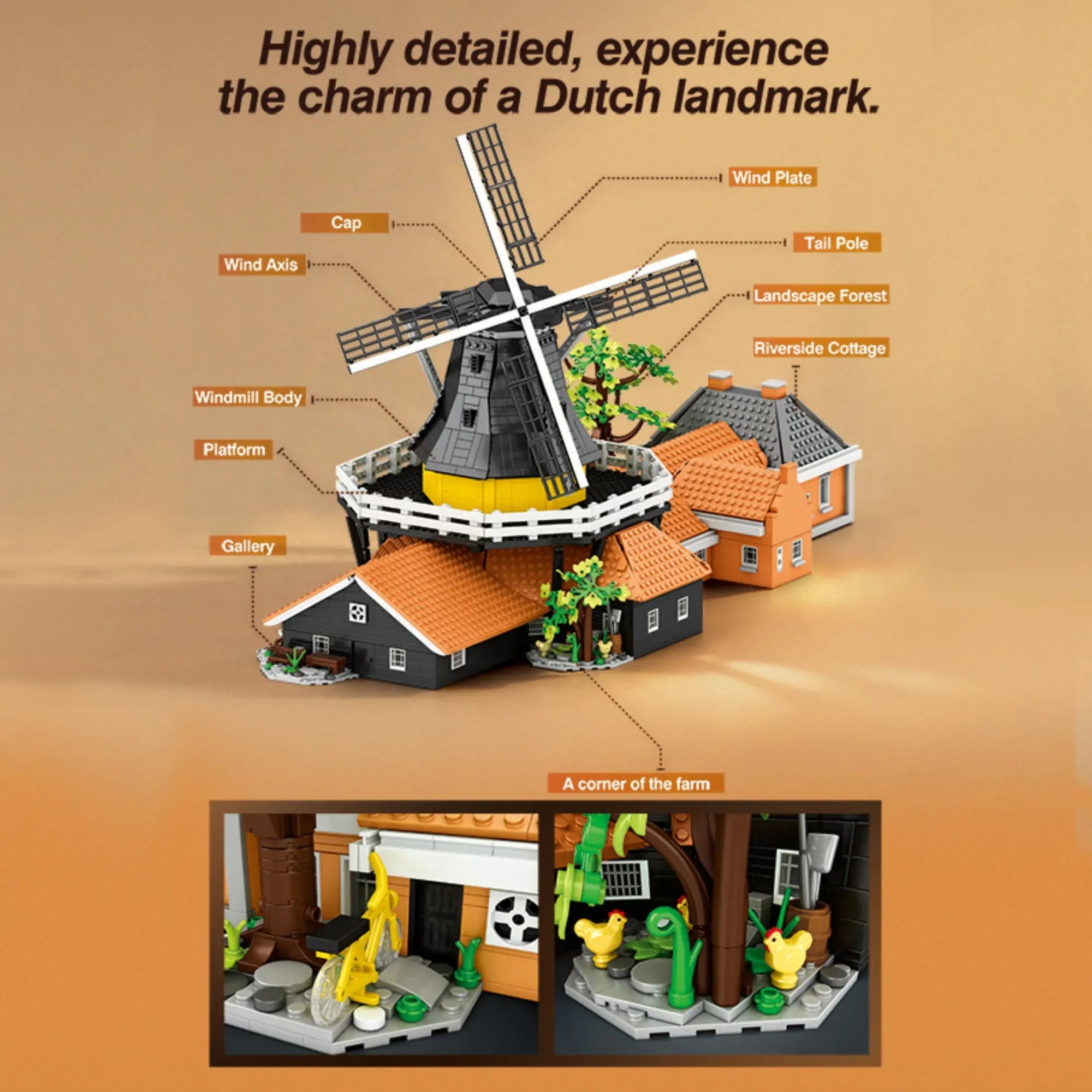 Dutch Windmill building blocks set 4801 pieces – 72.7 cm estate with rotating four-sail mill, baking kitchen barn and riverside cottage – Power Brickz