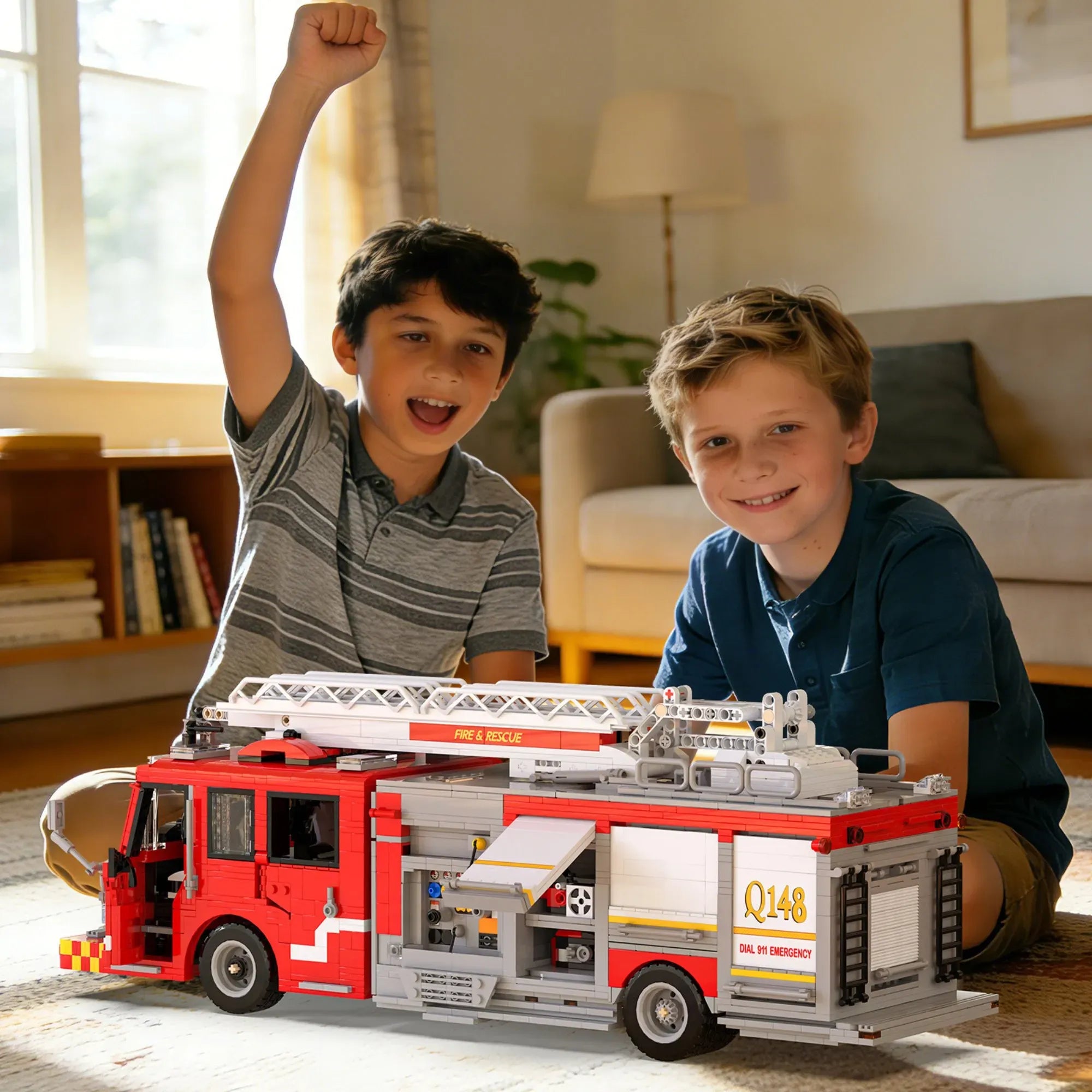 US Firetruck Elevated Water Towers building blocks set 3033 pieces – 52.2 cm American pumper truck Q148 with aerial ladder and opening compartments – Power Brickz