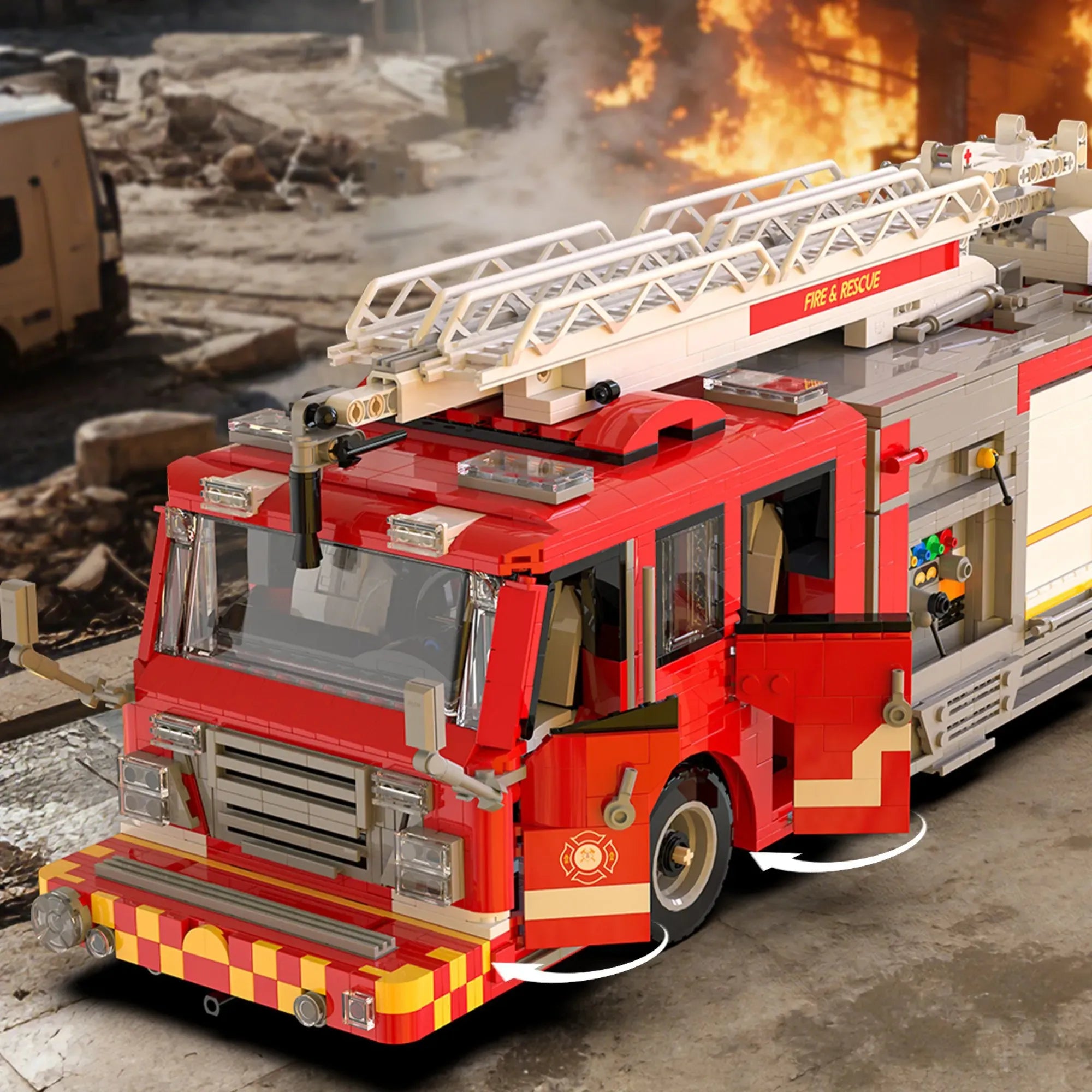 US Firetruck Elevated Water Towers building blocks set 3033 pieces – 52.2 cm American pumper truck Q148 with aerial ladder and opening compartments – Power Brickz