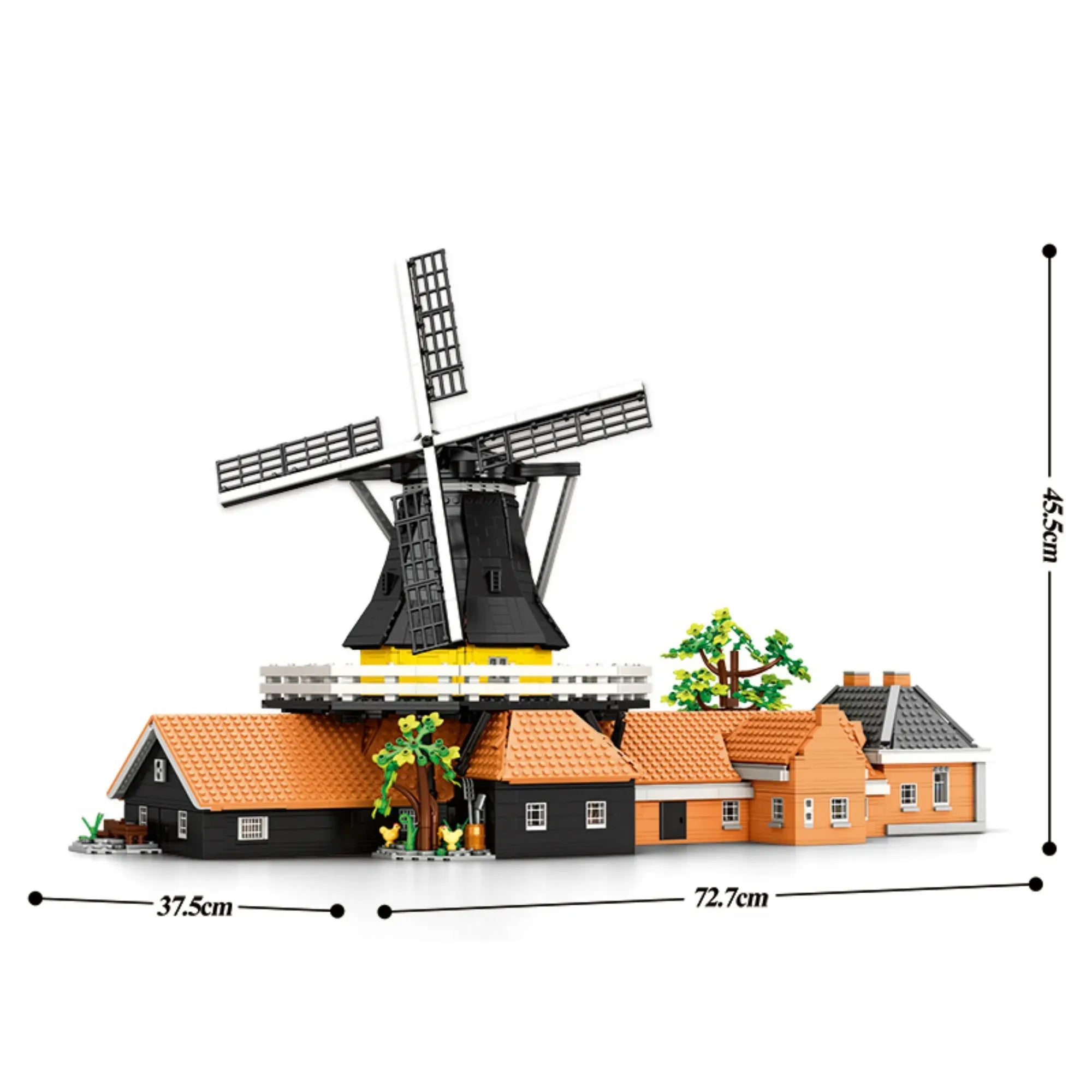 Dutch Windmill building blocks set 4801 pieces – 72.7 cm estate with rotating four-sail mill, baking kitchen barn and riverside cottage – Power Brickz