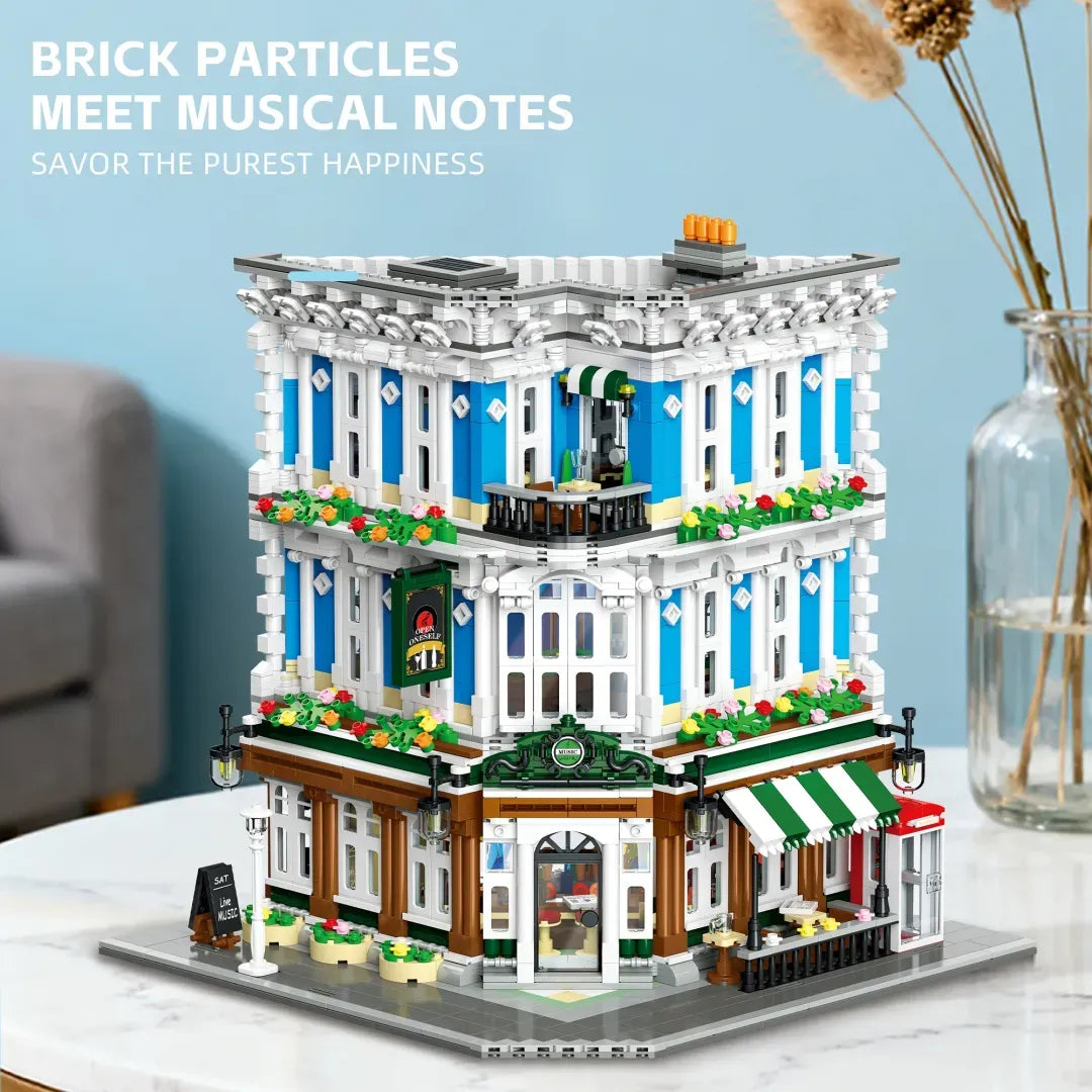 Music Club 2897-piece corner building set displayed on marble table – brick particles meet musical notes – Power Brickz