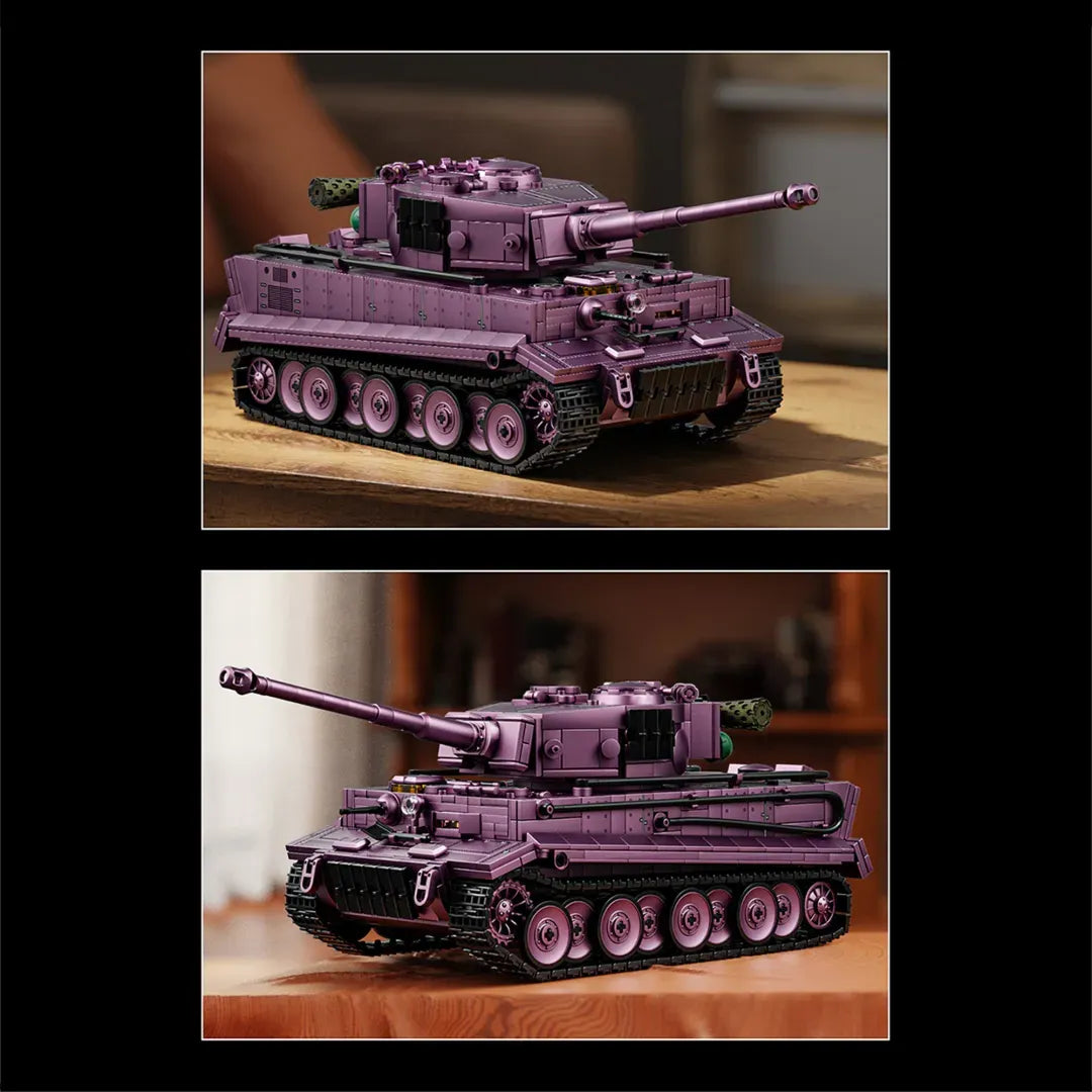 iger Heavy Tank building blocks set dimensions 32.5 x 13.5 x 12 cm – 1668-piece brick-built Tiger I model in deep mauve – Power Brickz