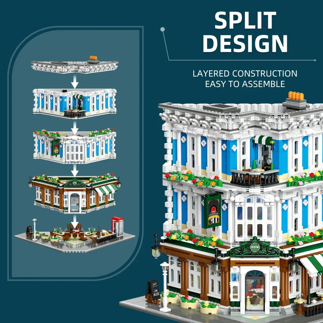 Music Club layered split design construction – modular floor-by-floor building blocks assembly – Power Brickz
