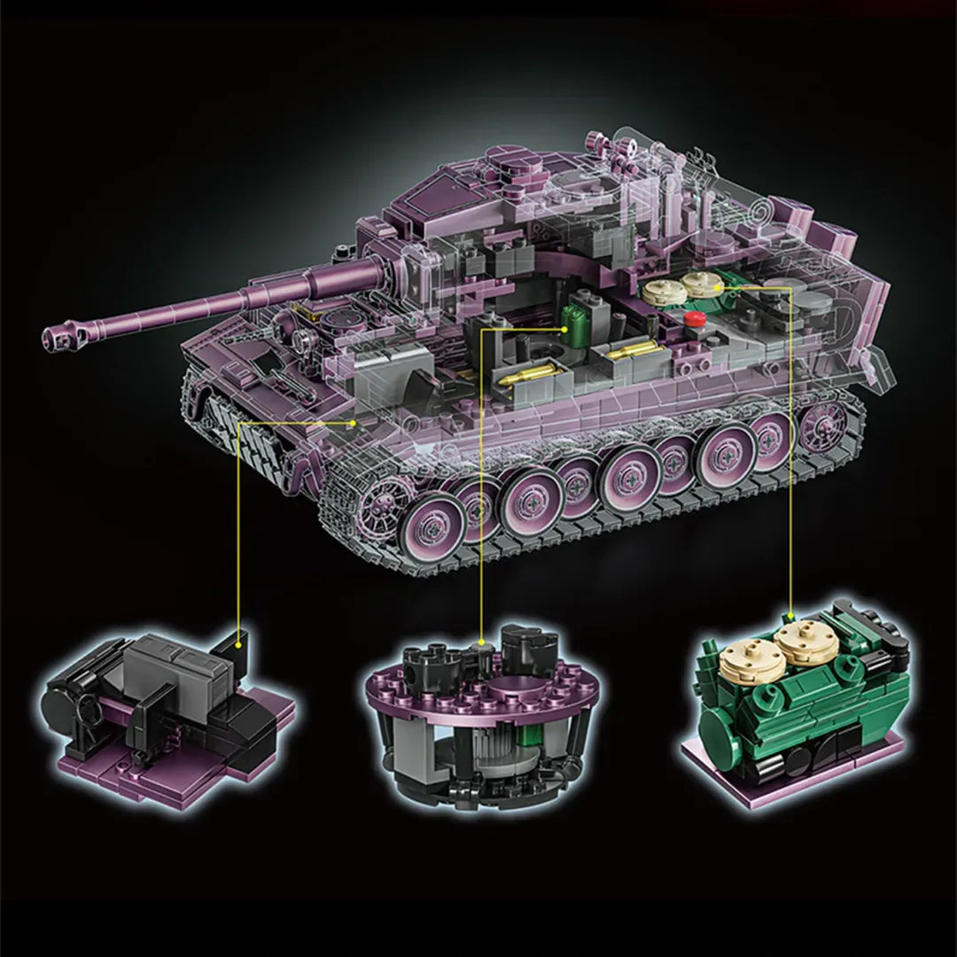 iger Heavy Tank building blocks set dimensions 32.5 x 13.5 x 12 cm – 1668-piece brick-built Tiger I model in deep mauve – Power Brickz