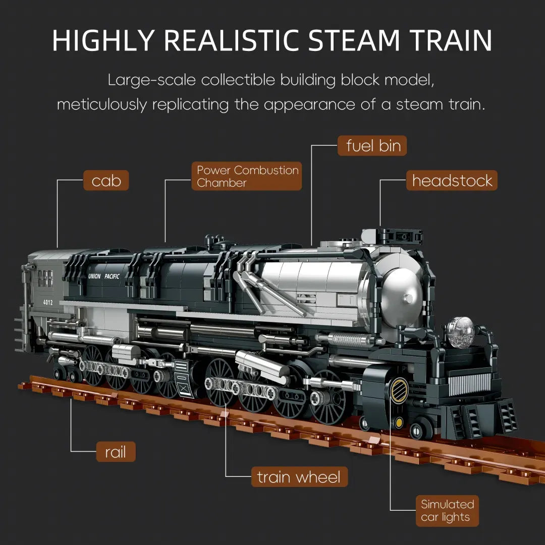 Union Pacific Big Boy 4012 steam train building blocks set 1277 pieces – 52.6 cm brick-built locomotive with Waiting Hall station diorama on track base – Power Brickz